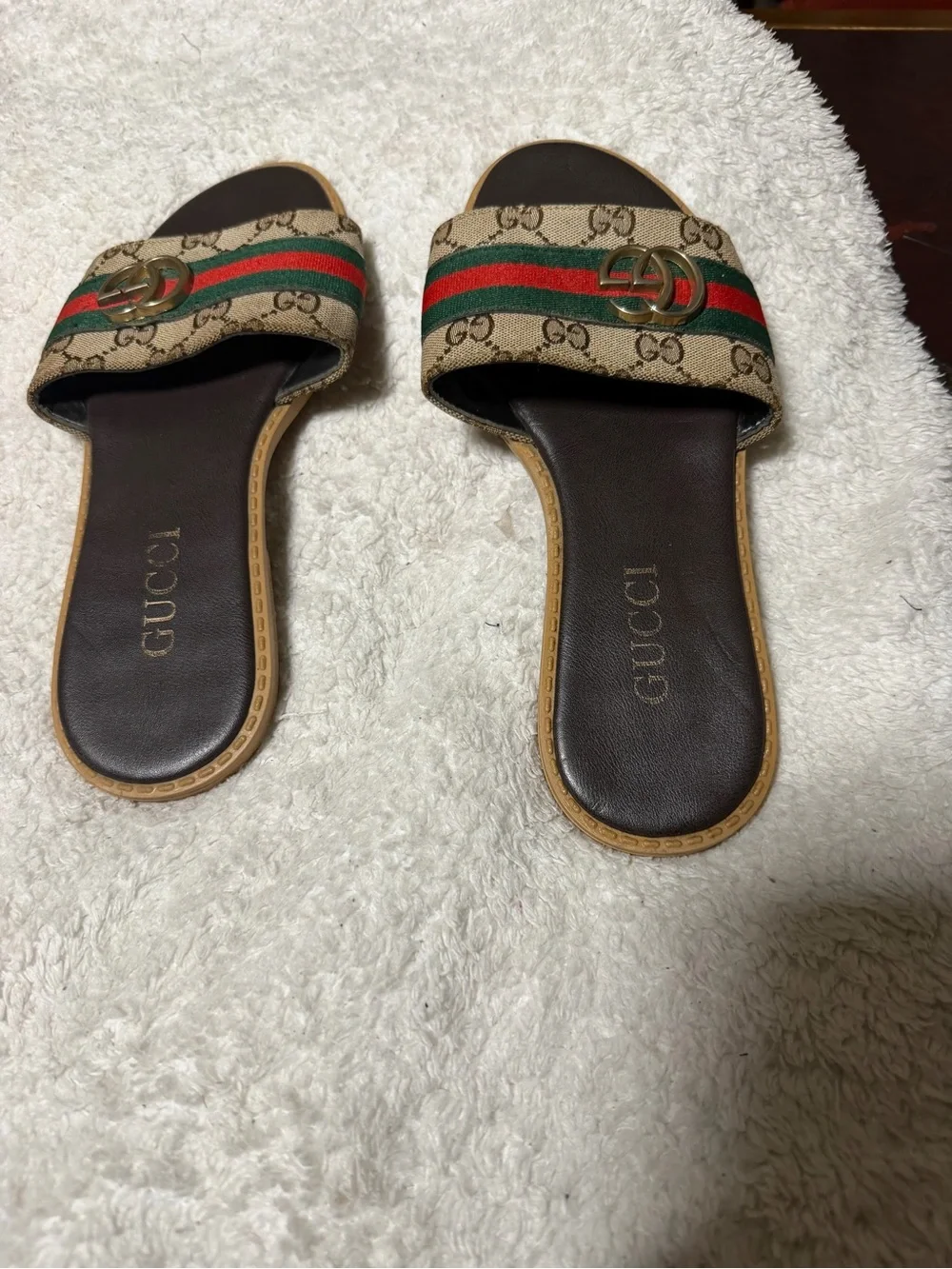 Gucci Beige GG Canvas Slippers with Red & Green Web and Gold Double G - Picture 3 of 6